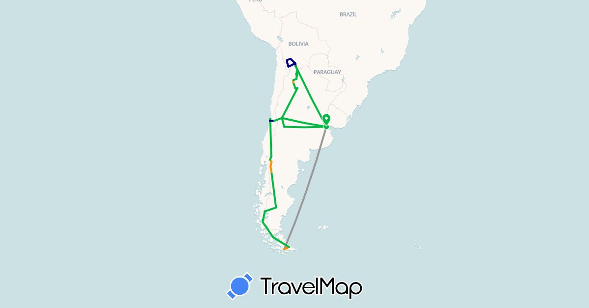 TravelMap itinerary: driving, bus, plane, hiking, hitchhiking in Argentina, Bolivia, Chile (South America)